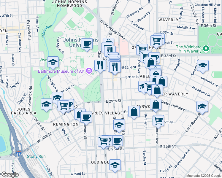 map of restaurants, bars, coffee shops, grocery stores, and more near 6 East 30th Street in Baltimore