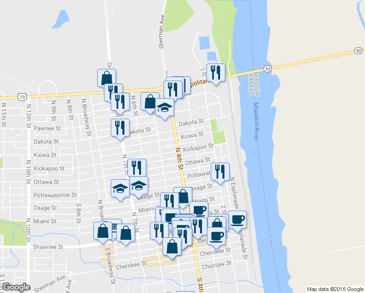 map of restaurants, bars, coffee shops, grocery stores, and more near 328 Kickapoo Street in Leavenworth