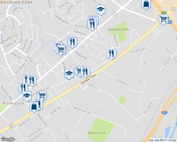 map of restaurants, bars, coffee shops, grocery stores, and more near 1202 Rosegate Court in Rosedale