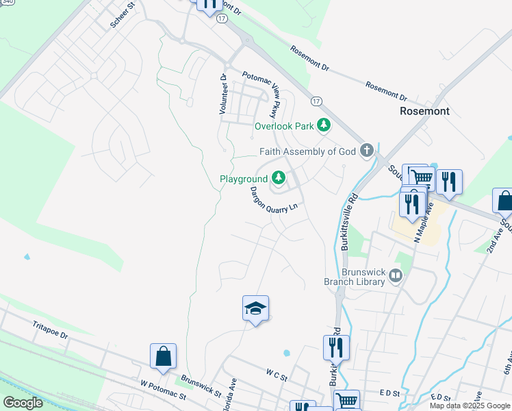 map of restaurants, bars, coffee shops, grocery stores, and more near 1127 Dargon Quarry Lane in Brunswick