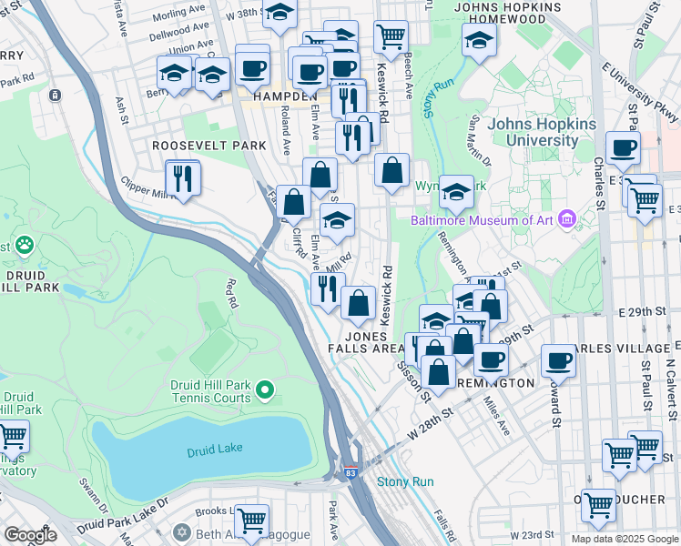 map of restaurants, bars, coffee shops, grocery stores, and more near 3000 Chestnut Avenue in Baltimore
