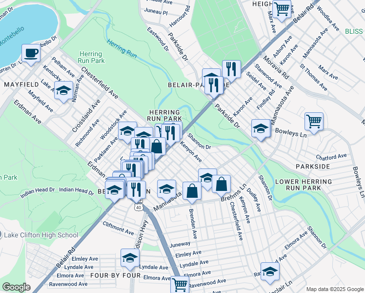 map of restaurants, bars, coffee shops, grocery stores, and more near 3011 Kenyon Avenue in Baltimore