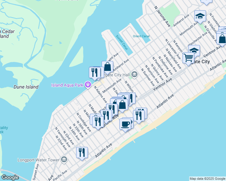 map of restaurants, bars, coffee shops, grocery stores, and more near 108 North Washington Avenue in Margate City
