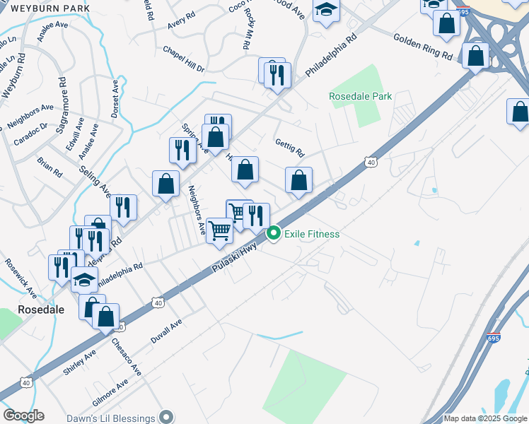 map of restaurants, bars, coffee shops, grocery stores, and more near 1202 Rosegate Court in Rosedale