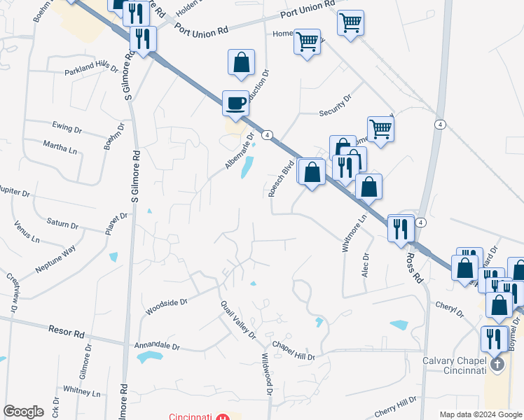 map of restaurants, bars, coffee shops, grocery stores, and more near 3189 Roesch Boulevard in Fairfield
