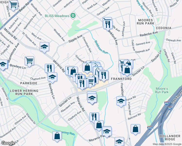 map of restaurants, bars, coffee shops, grocery stores, and more near 5100 Sinclair Lane in Baltimore