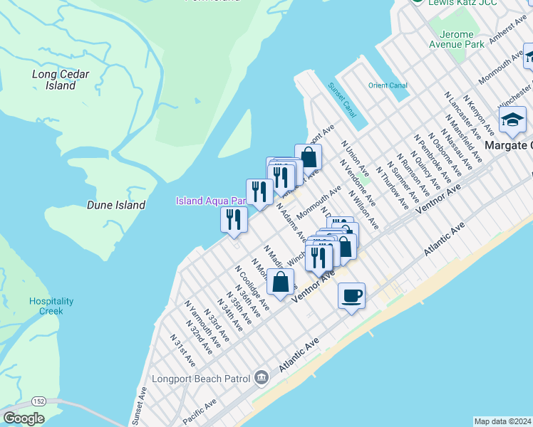 map of restaurants, bars, coffee shops, grocery stores, and more near 9503 Monmouth Avenue in Margate City