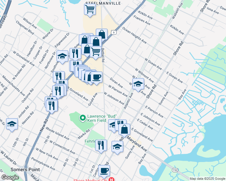 map of restaurants, bars, coffee shops, grocery stores, and more near 162 West Johnson Avenue in Somers Point