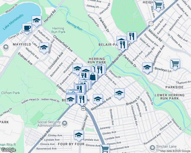 map of restaurants, bars, coffee shops, grocery stores, and more near 2880 Pelham Avenue in Baltimore