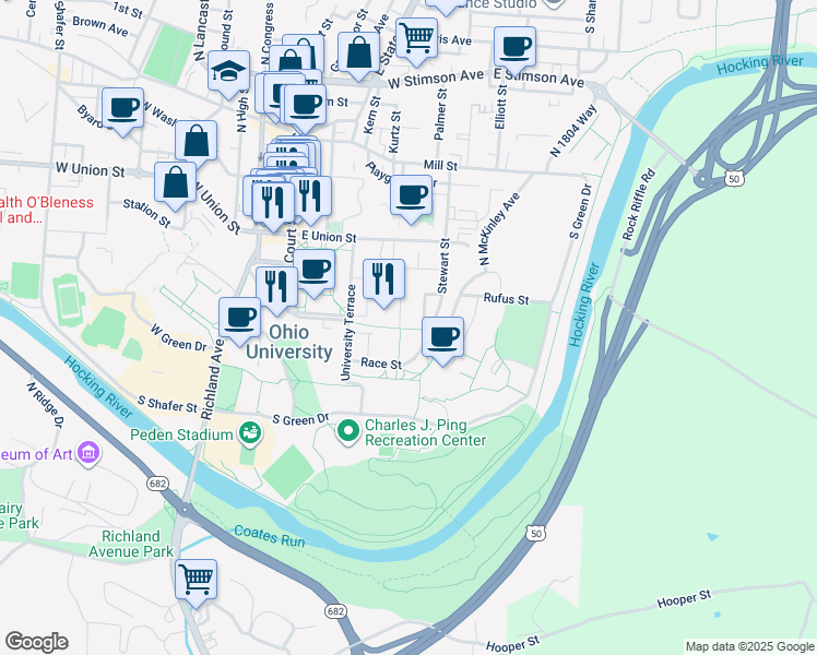 map of restaurants, bars, coffee shops, grocery stores, and more near Stewart Street in Athens