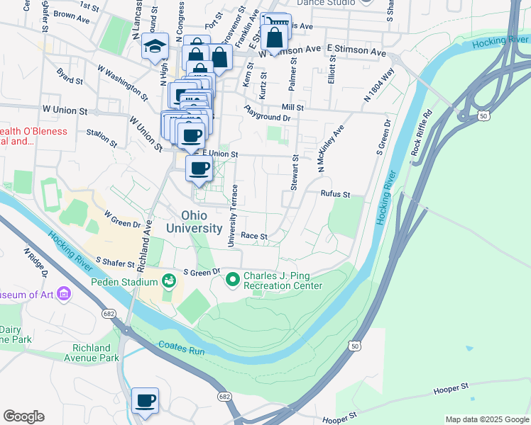 map of restaurants, bars, coffee shops, grocery stores, and more near Stewart Street in Athens