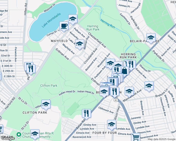 map of restaurants, bars, coffee shops, grocery stores, and more near 3303 Richmond Avenue in Baltimore