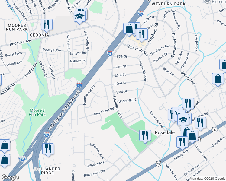 map of restaurants, bars, coffee shops, grocery stores, and more near 6106-6108 Hamilton Avenue in Rosedale