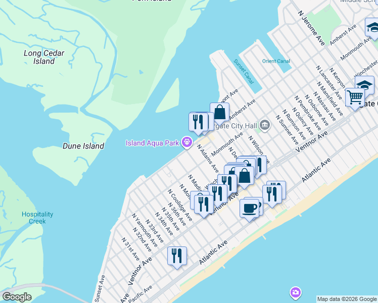 map of restaurants, bars, coffee shops, grocery stores, and more near 9503 Monmouth Avenue in Margate City