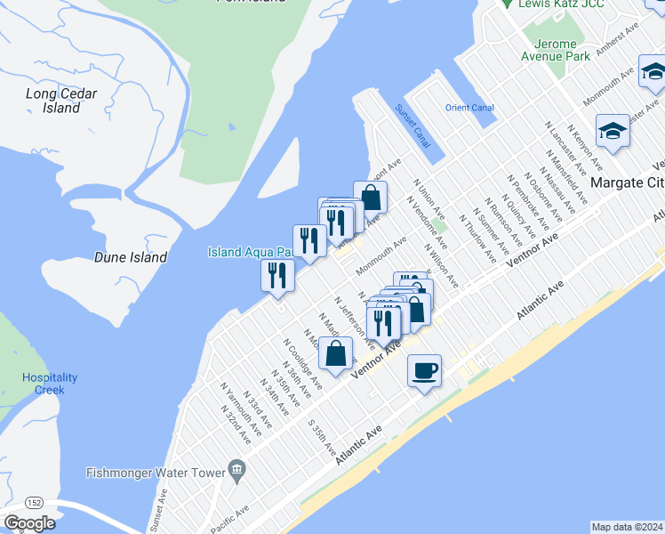map of restaurants, bars, coffee shops, grocery stores, and more near 212 North Adams Avenue in Margate City