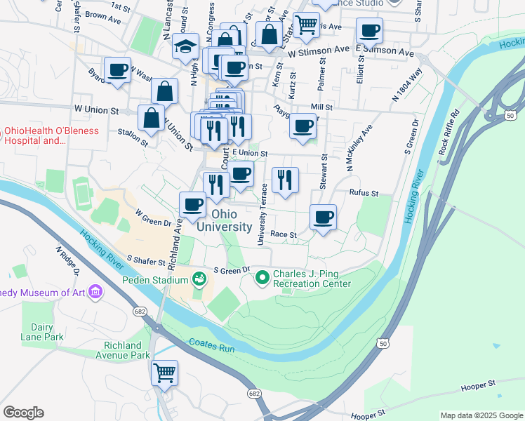 map of restaurants, bars, coffee shops, grocery stores, and more near University Terrace in Athens