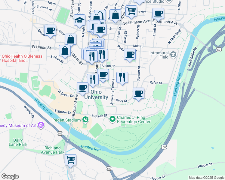 map of restaurants, bars, coffee shops, grocery stores, and more near University Terrace in Athens