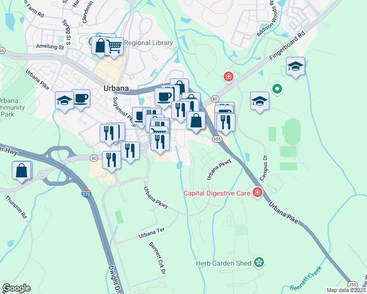 map of restaurants, bars, coffee shops, grocery stores, and more near 3320 Galena Drive in Ijamsville