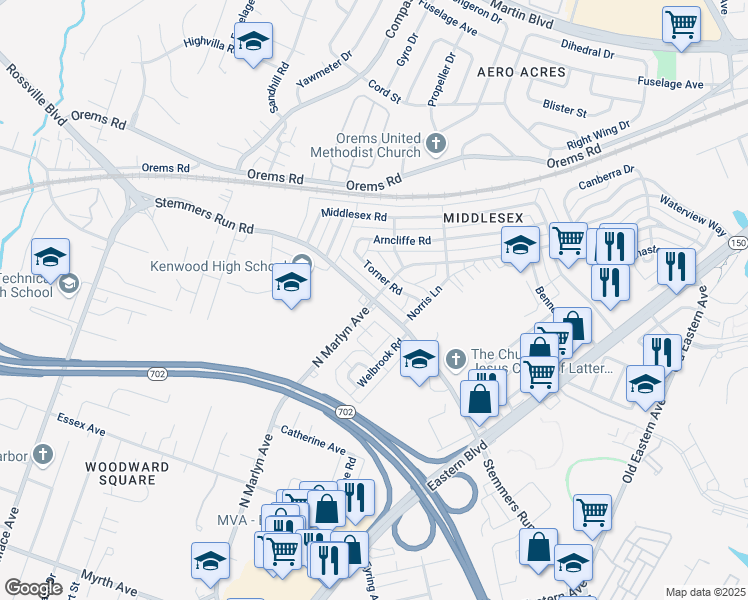 map of restaurants, bars, coffee shops, grocery stores, and more near Stemmers Run Rd & N Marlyn Ave in Essex