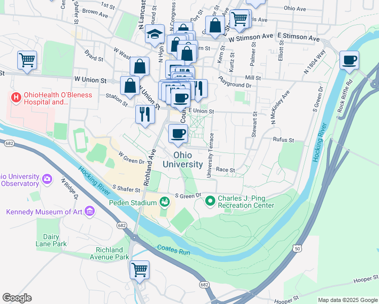 map of restaurants, bars, coffee shops, grocery stores, and more near 15 Park Place in Athens
