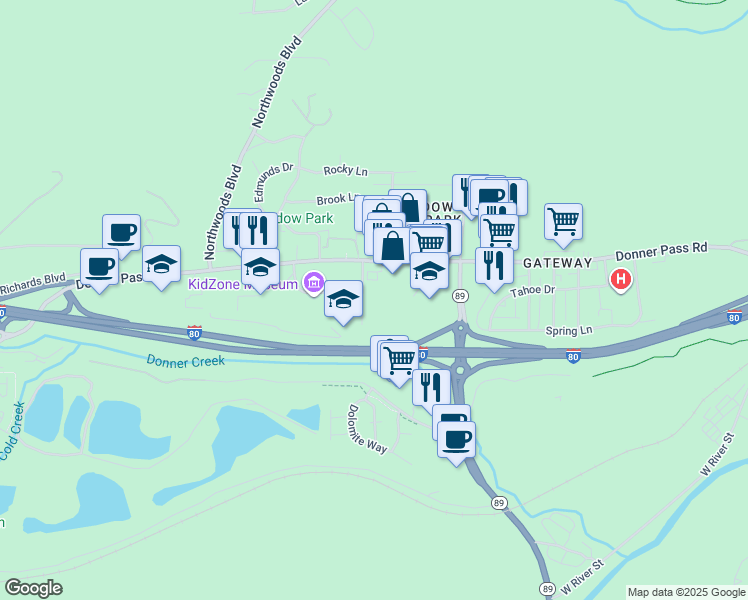 map of restaurants, bars, coffee shops, grocery stores, and more near 11473 Donner Pass Road in Truckee