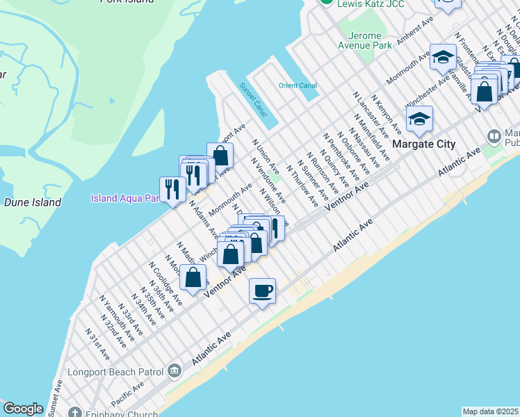 map of restaurants, bars, coffee shops, grocery stores, and more near 115 North Harding Avenue in Margate City