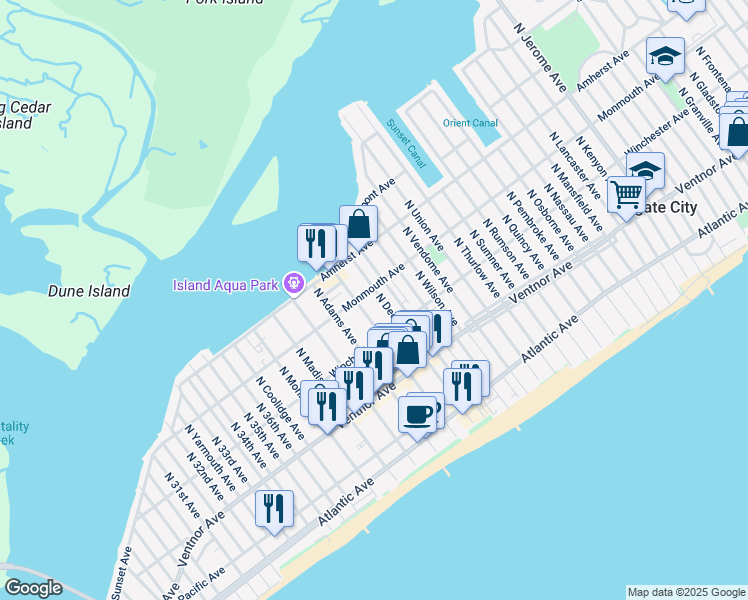 map of restaurants, bars, coffee shops, grocery stores, and more near 209 North Decatur Avenue in Margate City