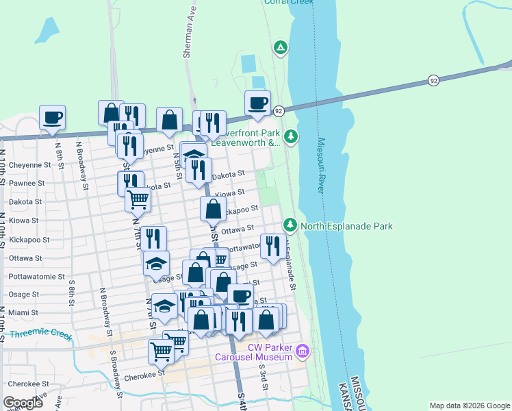 map of restaurants, bars, coffee shops, grocery stores, and more near 717 North 2nd Street in Leavenworth