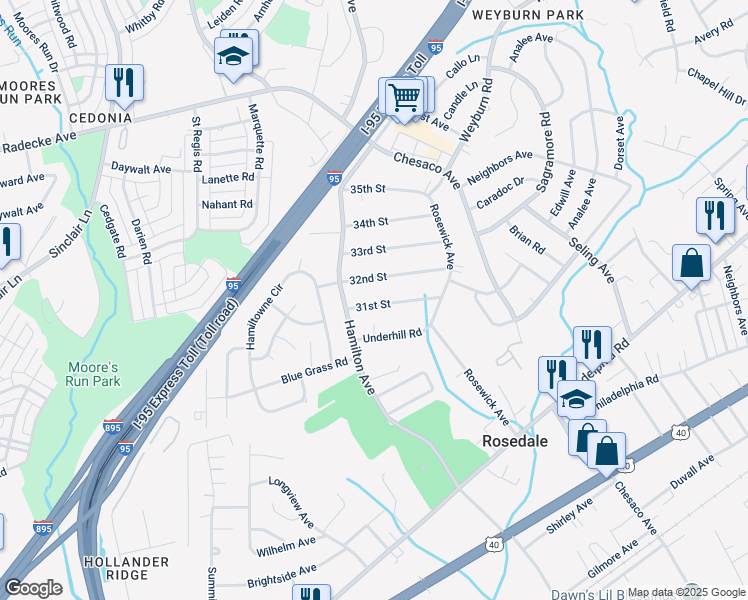 map of restaurants, bars, coffee shops, grocery stores, and more near 7906 31st Street in Rosedale