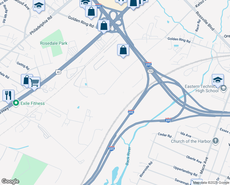 map of restaurants, bars, coffee shops, grocery stores, and more near 8411 Kelso Drive in Essex