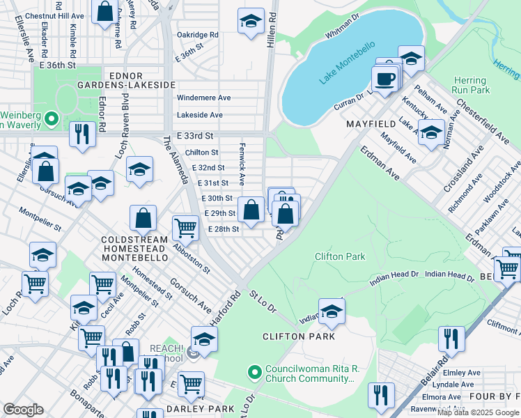 map of restaurants, bars, coffee shops, grocery stores, and more near 1828 East 29th Street in Baltimore