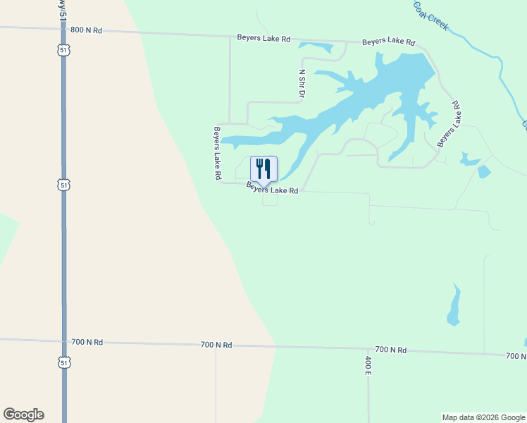 map of restaurants, bars, coffee shops, grocery stores, and more near 100 Beyers Lake Road in Pana