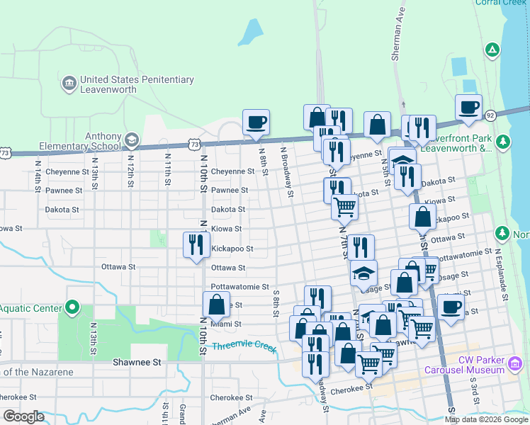 map of restaurants, bars, coffee shops, grocery stores, and more near 907 North 8th Street in Leavenworth