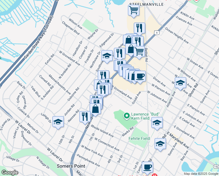 map of restaurants, bars, coffee shops, grocery stores, and more near 500 New Road in Somers Point
