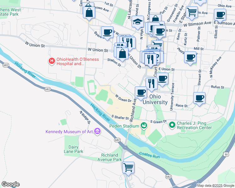 map of restaurants, bars, coffee shops, grocery stores, and more near 16 West Green Drive in Athens