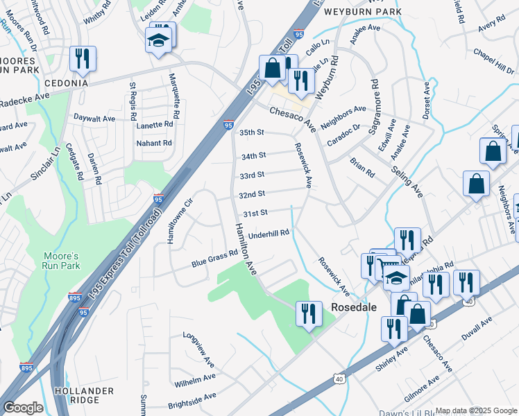 map of restaurants, bars, coffee shops, grocery stores, and more near 7906 31st Street in Rosedale