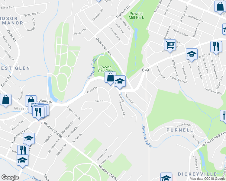 map of restaurants, bars, coffee shops, grocery stores, and more near 5905 Gwynn Oak Avenue in Baltimore