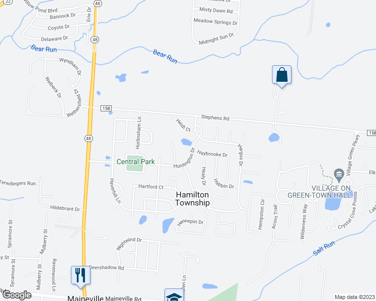 map of restaurants, bars, coffee shops, grocery stores, and more near 360 Huntington Drive in Maineville