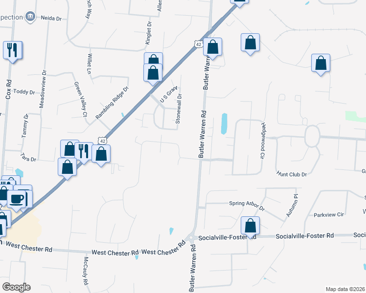 map of restaurants, bars, coffee shops, grocery stores, and more near 8330 Taffy Drive in Butler County