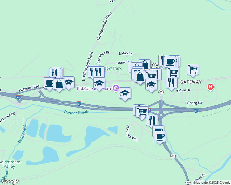 map of restaurants, bars, coffee shops, grocery stores, and more near 11711 Donner Pass Road in Truckee