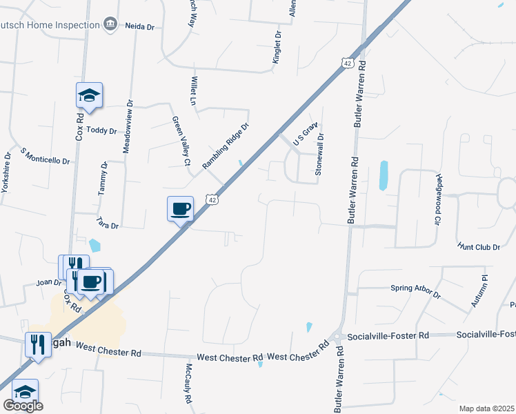 map of restaurants, bars, coffee shops, grocery stores, and more near 8225 Taffy Drive in Butler County