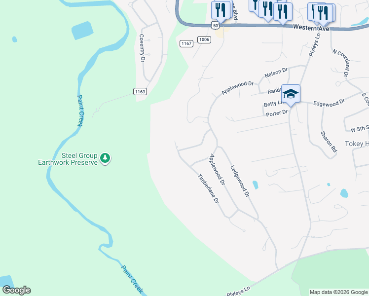 map of restaurants, bars, coffee shops, grocery stores, and more near 2 Timberlane Drive in Chillicothe