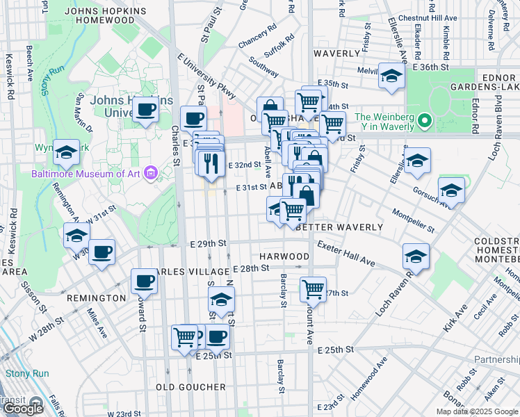 map of restaurants, bars, coffee shops, grocery stores, and more near 300 East 30th Street in Baltimore