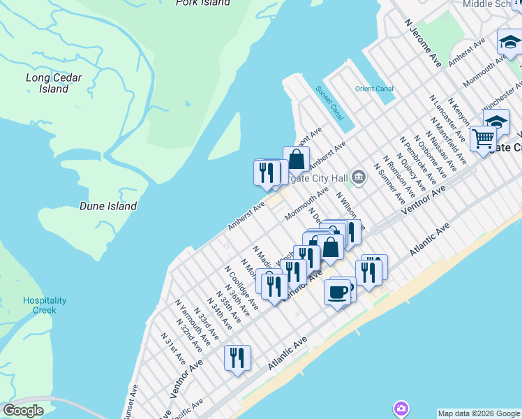 map of restaurants, bars, coffee shops, grocery stores, and more near 9401 Amherst Avenue in Margate City