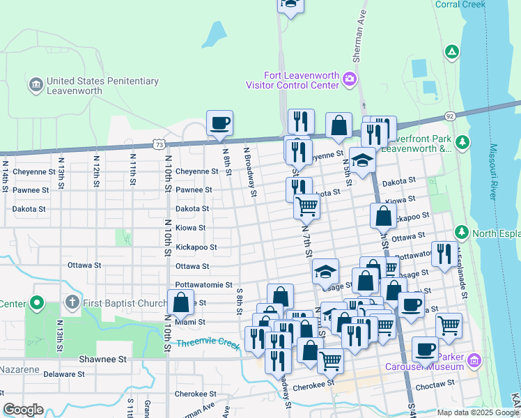 map of restaurants, bars, coffee shops, grocery stores, and more near 812 North Broadway Street in Leavenworth