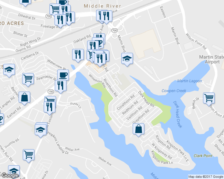 map of restaurants, bars, coffee shops, grocery stores, and more near 219 Riverthorn Road in Middle River