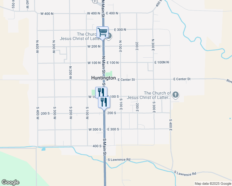 map of restaurants, bars, coffee shops, grocery stores, and more near 60 South 100 East in Huntington