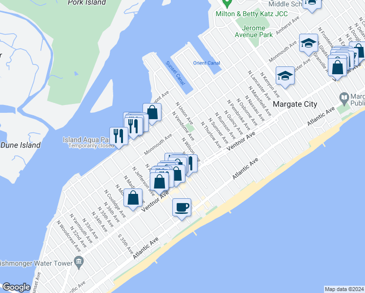 map of restaurants, bars, coffee shops, grocery stores, and more near 115 North Harding Avenue in Margate City