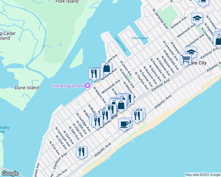 map of restaurants, bars, coffee shops, grocery stores, and more near 209 North Decatur Avenue in Margate City