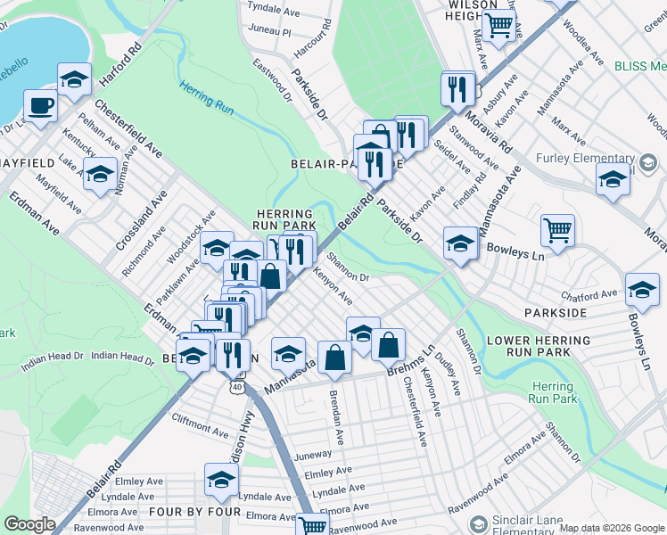 map of restaurants, bars, coffee shops, grocery stores, and more near 3019 Shannon Drive in Baltimore